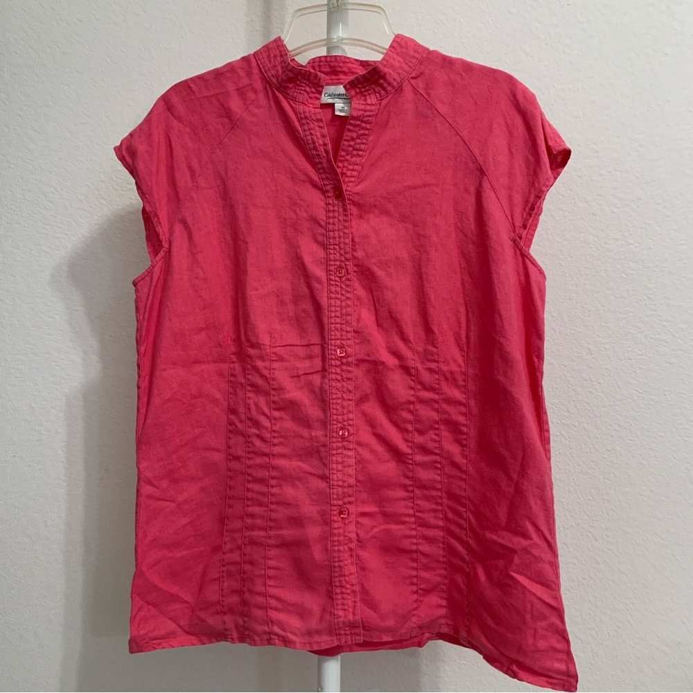 Coldwater Creek Top Women's Size M Pink Cap Sleeve V Neck Buttoned Up 100% Linen